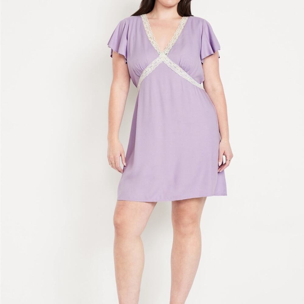 Old Navy Spring Wisteria Fit & Flare Crepe Lace-Trim mini dress - Picture 1 of 11